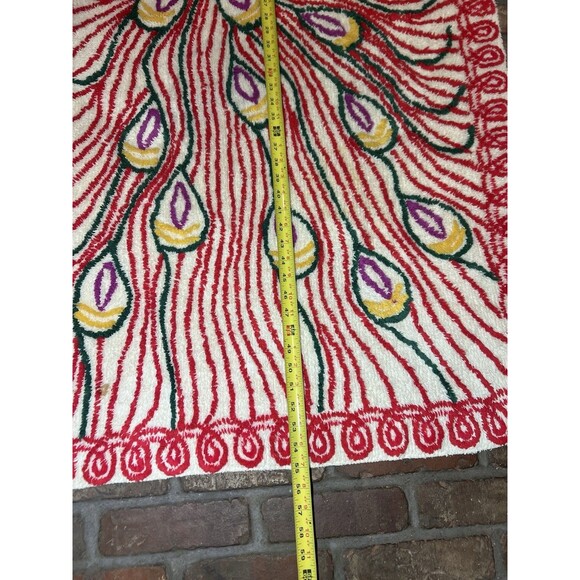 Vintage Chenille Peacock Rug Red Green Yellow White ~ 30”x55” 40-50’s Mod - Picture 8 of 16